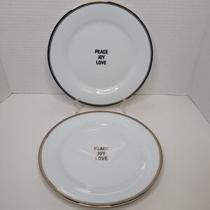 William Sonoma Salad Dessert Plate Peace Love Joy Gold Trim Lettering Set of 2